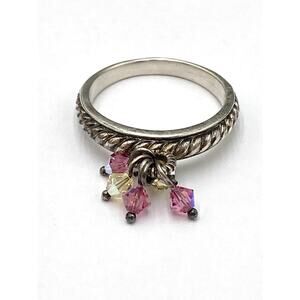 925 Thailand Sterling Silver Ring Faceted Bead Dangles Pink Yellow 9.75